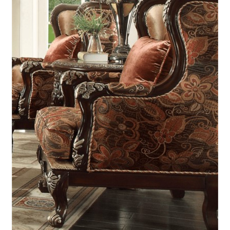 Dark Red Mahogany Carved Wood Traditional Accent Chair Fabric Pillow Bun Feet