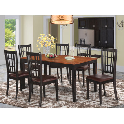 Ensemble de table de salle à manger 7 pièces moderne composé d'une table rectangulaire en bois avec feuille papillon et 6 chaises rembourrées en similicuir, noir et cerise