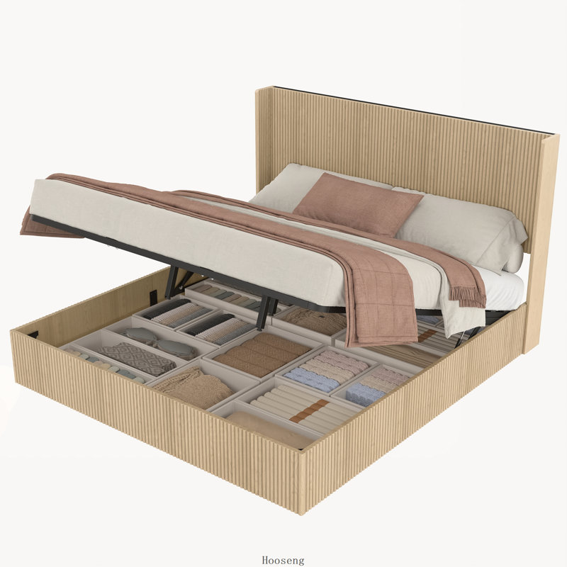 Lit plateforme en bois massif avec rangement intégré et système de levage hydraulique, chêne, grand lit avec rangement sous le lit