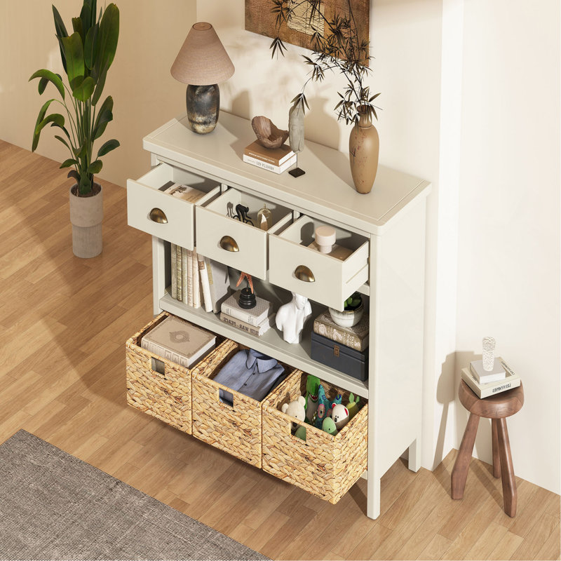 Console vintage en bois avec console et 3 paniers en jacinthe d'eau, Blanc antique