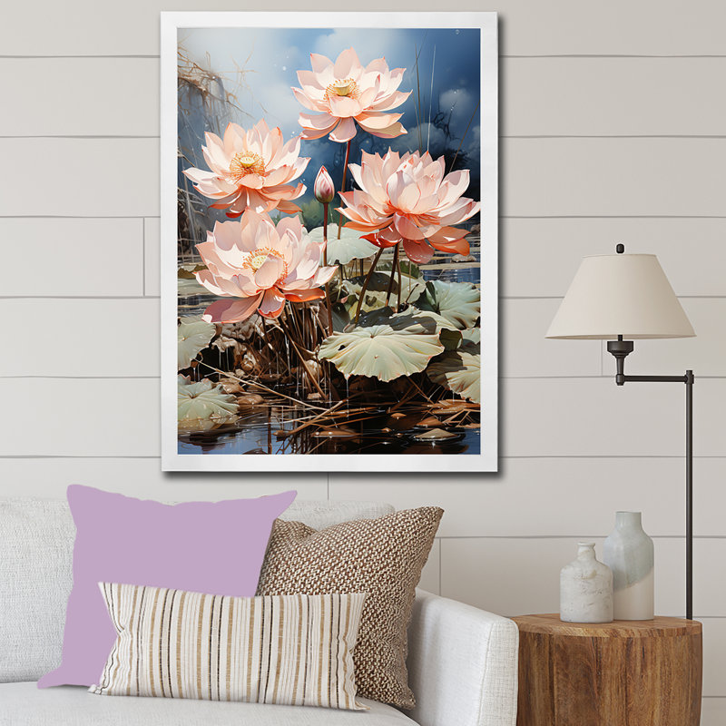 Lotus Dreams Amung The Lily Pads, Cadre simple blanc, H 32 po x l 24 po x P 1 po
