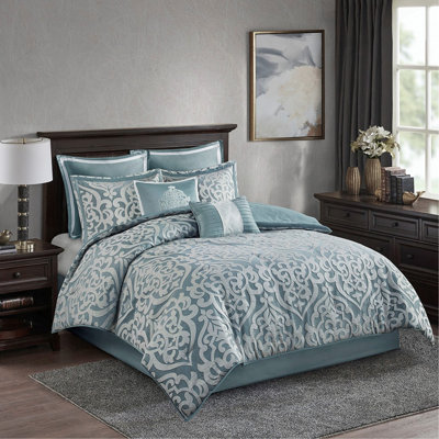 Ensemble d'édredon 8 pièces en jacquard luxueux de couleur turquoise et argent, pour une utilisation toute l'année et un élégant décor de chambre à coucher