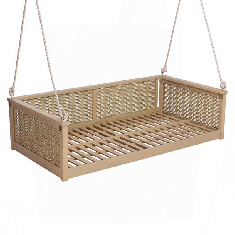 Lit double en bois massif d'extérieur classique en bois massif, cadre de balançoire en rotin de jardin avec longues cordes pour la piscine