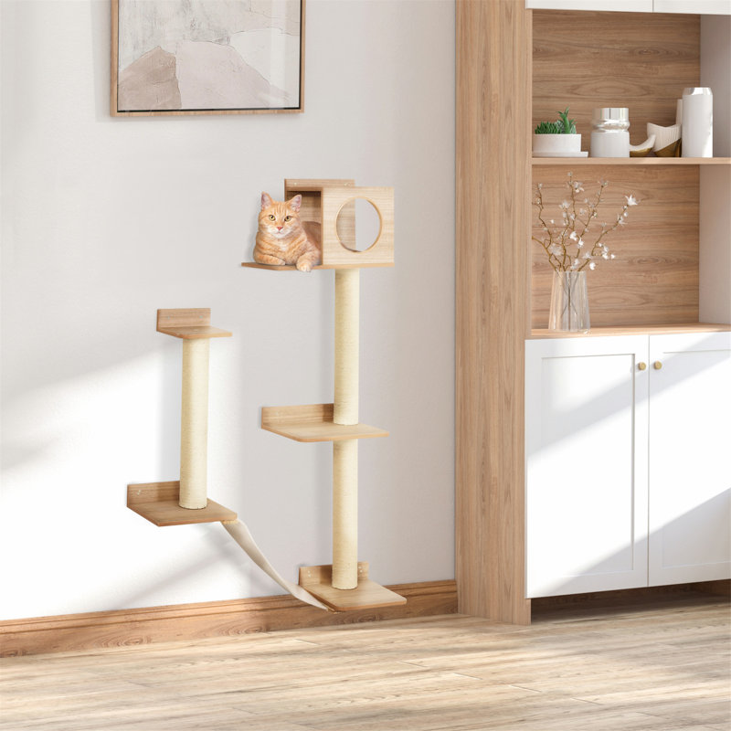 Arbre à chat mural multi-niveaux avec poteaux à griffer en sisal et condo intérieur PawHut, peu encombrant et durable
