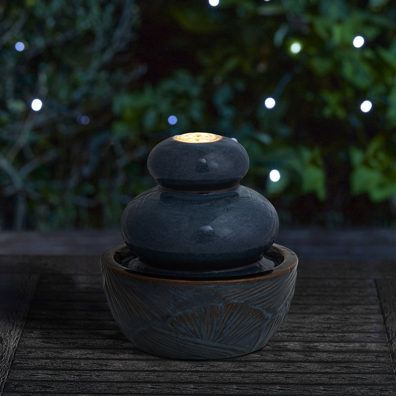 Fontaines d'extérieur avec lumières à DEL - 8,75 po d'eau turquoise en céramique texturée pour la maison et le jardin