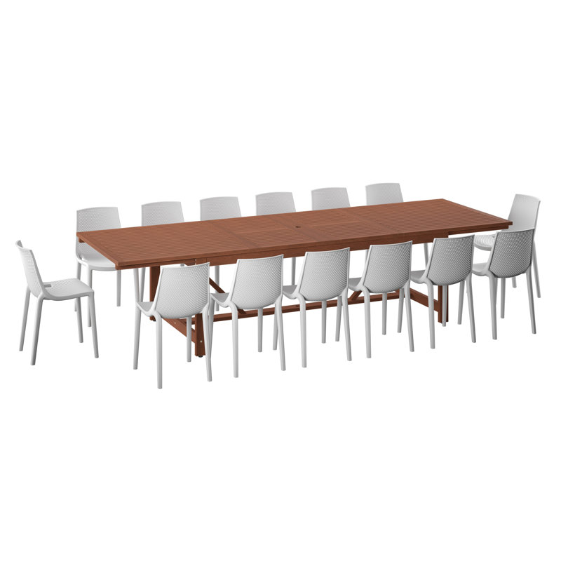 Wayland 15-Piece Outdoor Rectangular Extendable Dining Table And Chairs Set | Eucalyptus Wood | Ideal For Patio, Brown Table & White Chairs