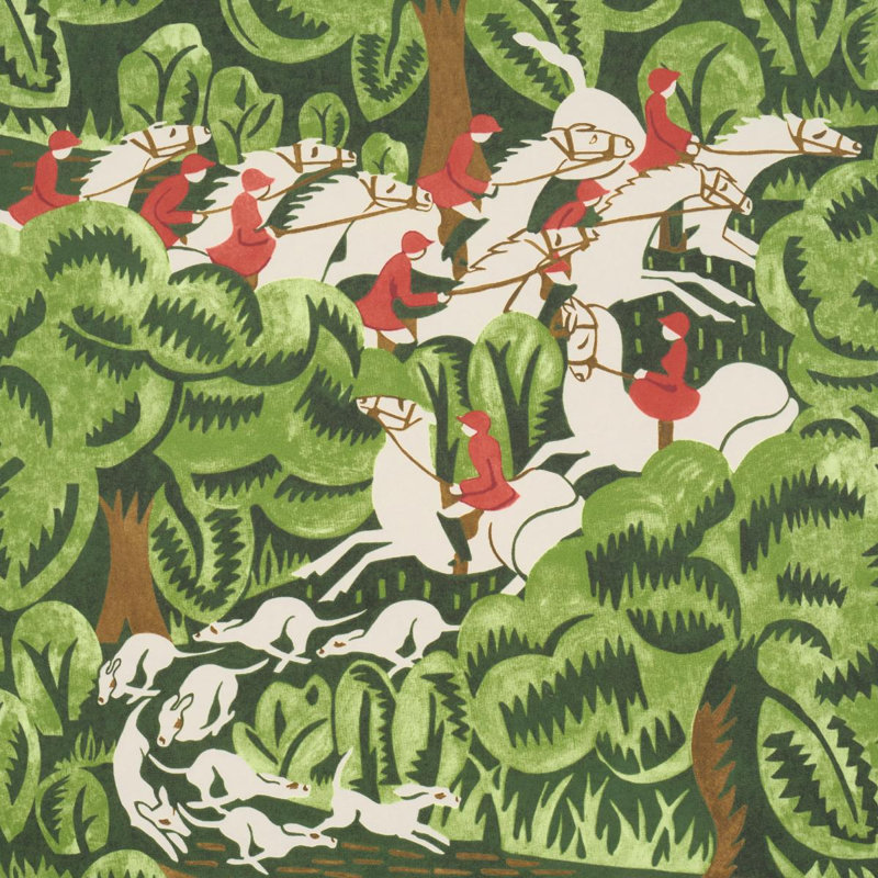 Schumacher X The New Yorker, papier peint de la chasse au renard de Margaret Schloeman, Vert forêt