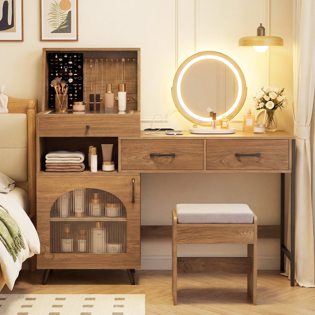 3 Drawers Vanity Desk Set Dressing Table With Mirror And Lights-Natural