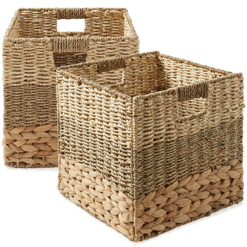 10.5" Mixed Weave Hyacinth Seagrass Storage Basket Cubes, Natural - Set of 2, 38.04 Quart