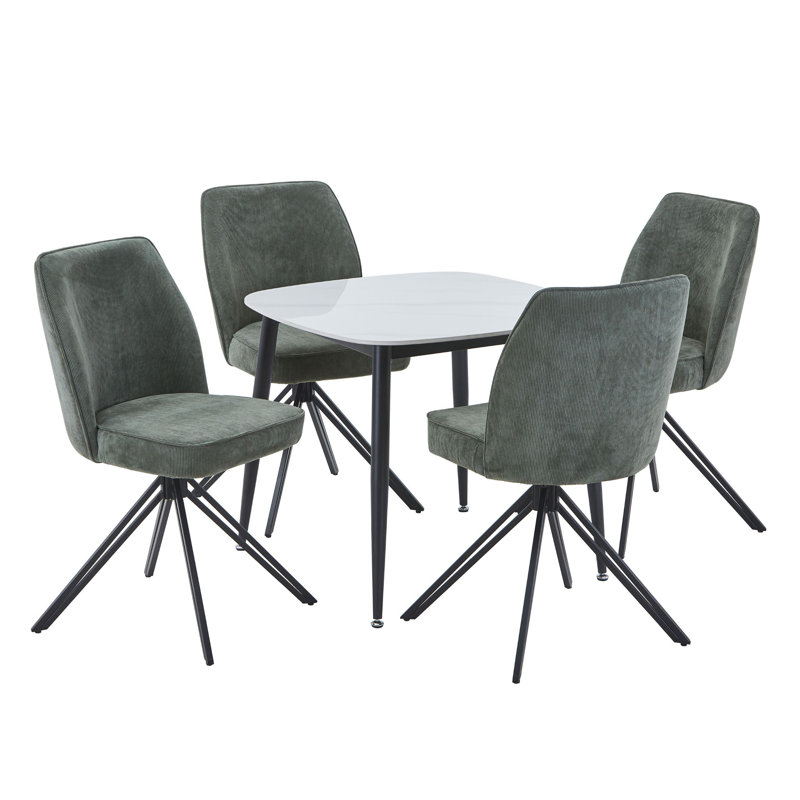 Aspen Gloss White Sintered Stone Square Table with 4 Swivel Upholstered Fabric Chairs - Modern Dining Set, Green