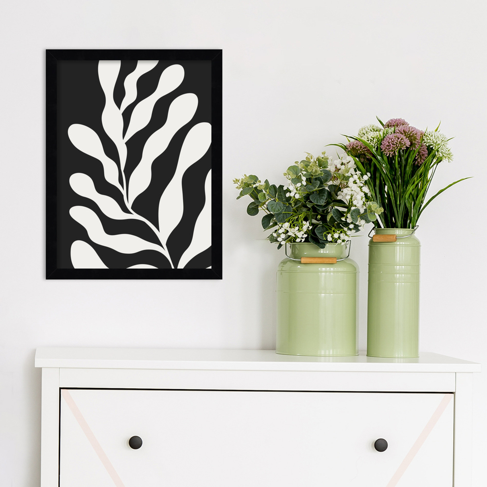 Retro Matisse Inspired Abstract Botanical 3 Black, Black, 21" H x 17" W x 1" D