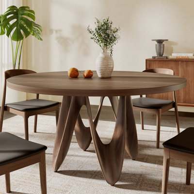 Walnut Tone Solid Wood Round Dining Table with Artistic Curved Base, Contemporary up to 8-Person Kitchen Dining Table