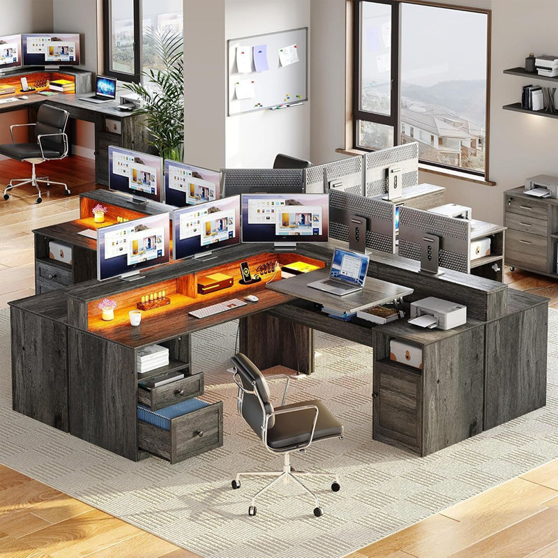 Bureau en forme de L avec prises de courant et lumières DEL
