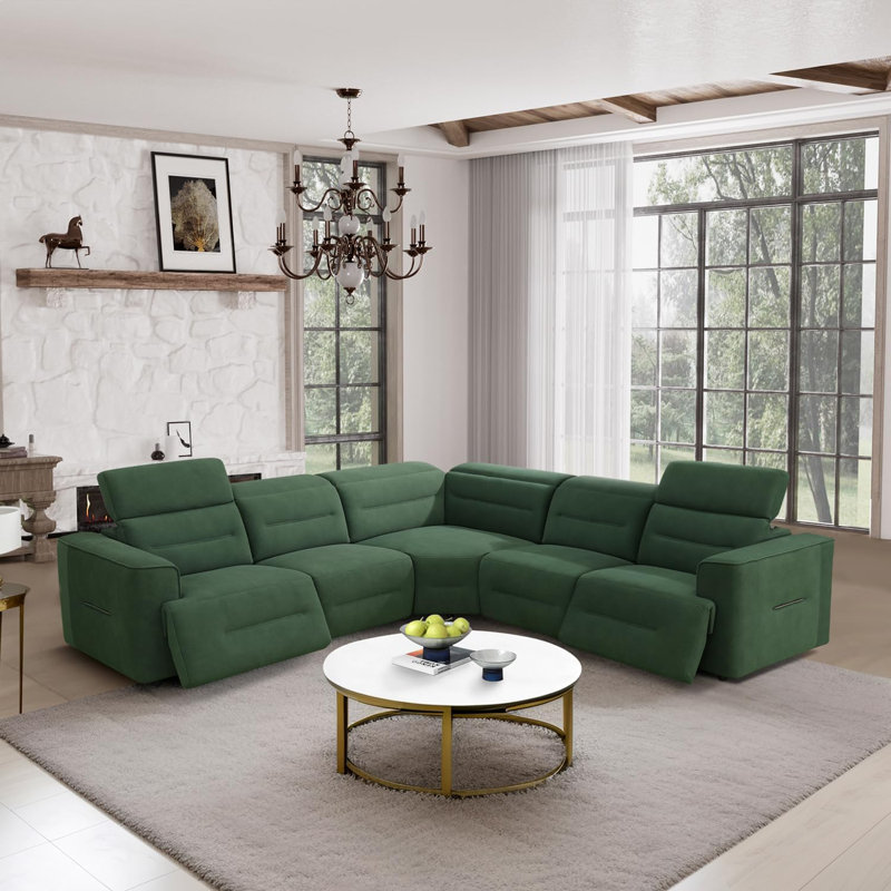 Zierre Green Flannel Power Reclining Sectional with Adjustable Headrest, 34.5" x 120" W x 120" D