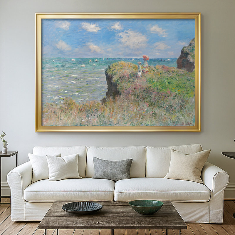 «Cliff Walk at Pourville-Claude Monet», toile tendue avec châssis, 1882, 30 x 5 x 42,5, Toile avec cadre, Doré