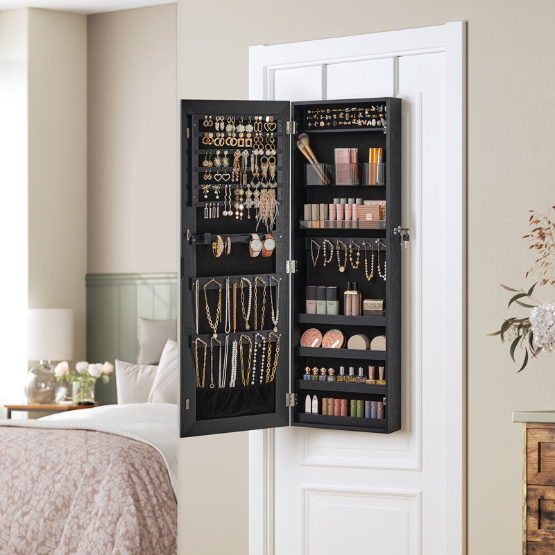 Black Wall-Mounted Jewelry Armoire with LED Mirror