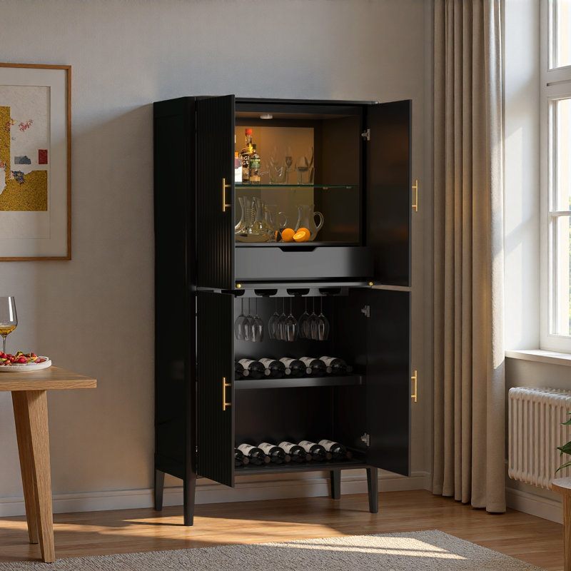 Modern Fluted Wine Cabinet With Glass Display, Stemware Rack, Drawer, Adjustable Shelves And Built-in Led Lighting, Black