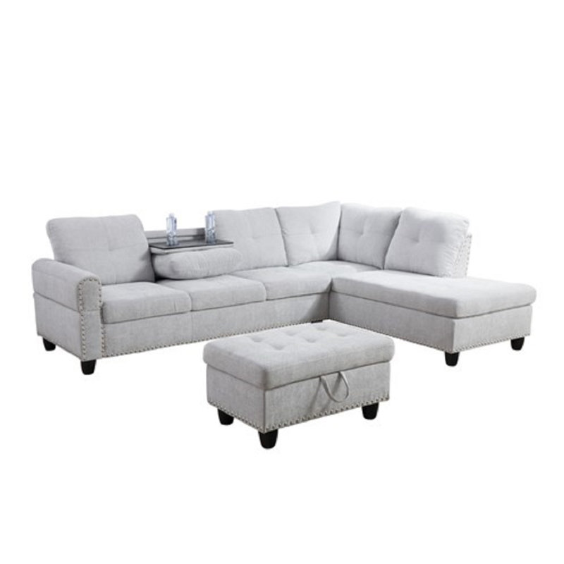 Ahuva Upholstered Sectional Left Hand Facing, Gray Linen, Right Hand Facing