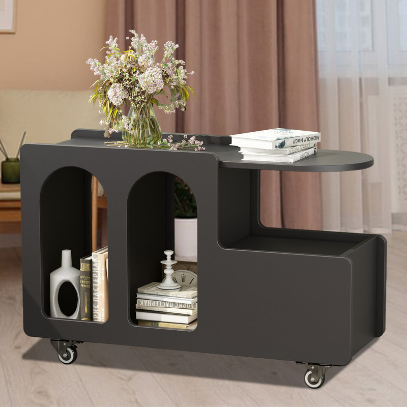 Mobile End Table With Lockable Wheels And Storage Drawer, Black