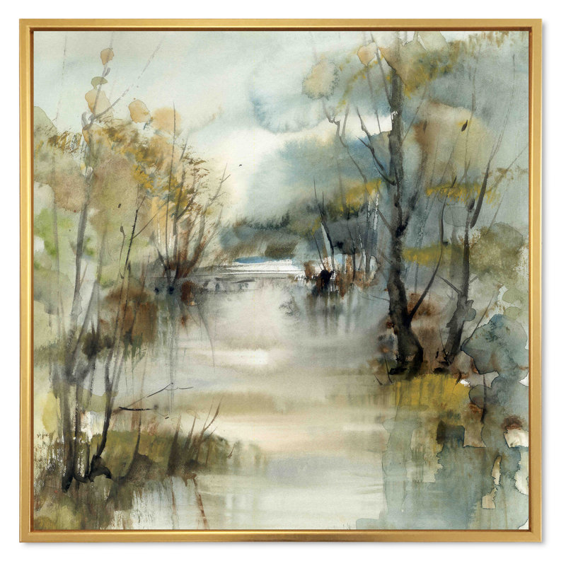 Illustration de paysage de rivière d'hiver - sur, H 36 po x l 36 po, Cadre flottant, Doré