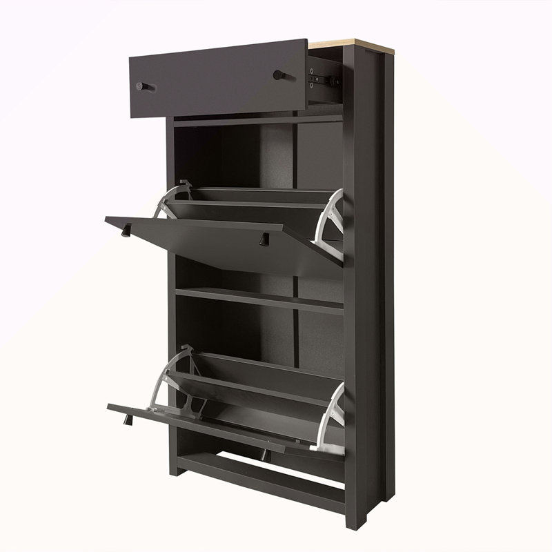 Ensemble d'armoire à chaussures mince avec 4 tiroirs rabattables, solution de rangement supérieure à motif de grain de bois avec panneau réglable, étagère à chaussures de style moderne avec tiroirs pour le couloir