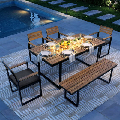 6-Piece Acacia Wood Outdoor Dining Set, Space-Saving Patio Conversation Sets with 4 Chairs & 1 Bench, Umbrella Hole, Weather-Resistant Cushions, for Backyard Garden
