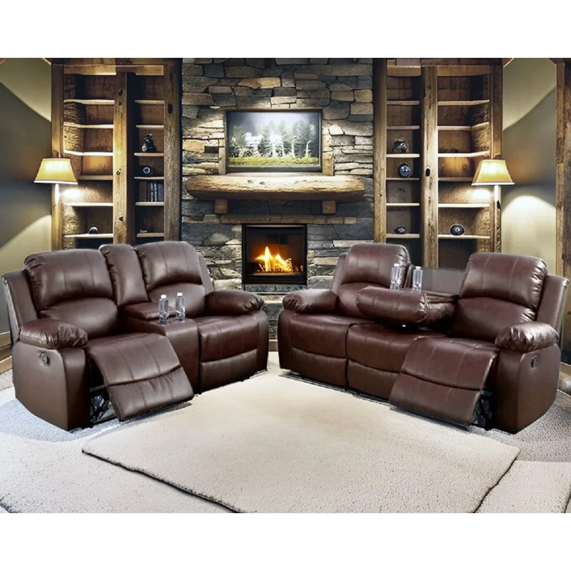  Oley 2 Pieces Vegan Leather Reclining Living Room Set with Cupholders, Console, Brown Faux Leather