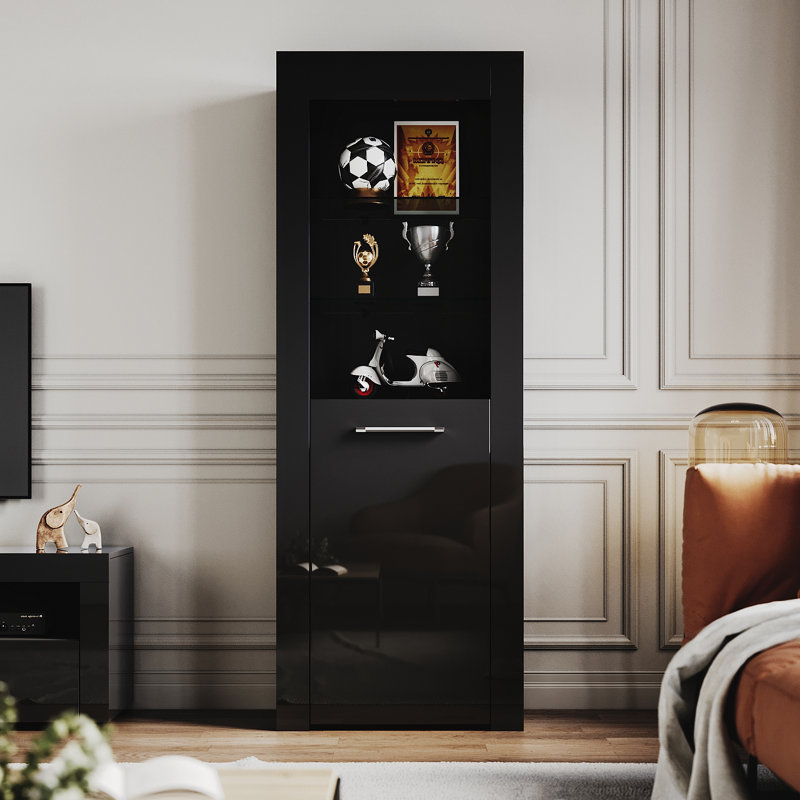 165*60*35cm Large Display Cabinet with RGB Colour Variations and Tempered Glass Shelves, Black