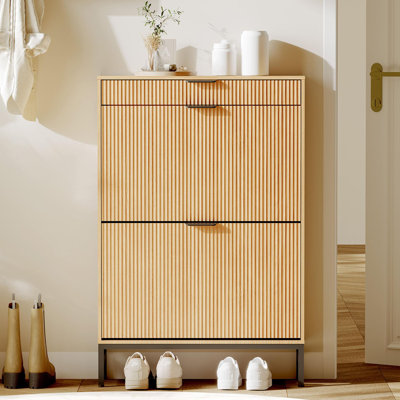 Fluted Shoe Storage Cabinet, Narrow Shoe Organizer With 2 Flip Drawers