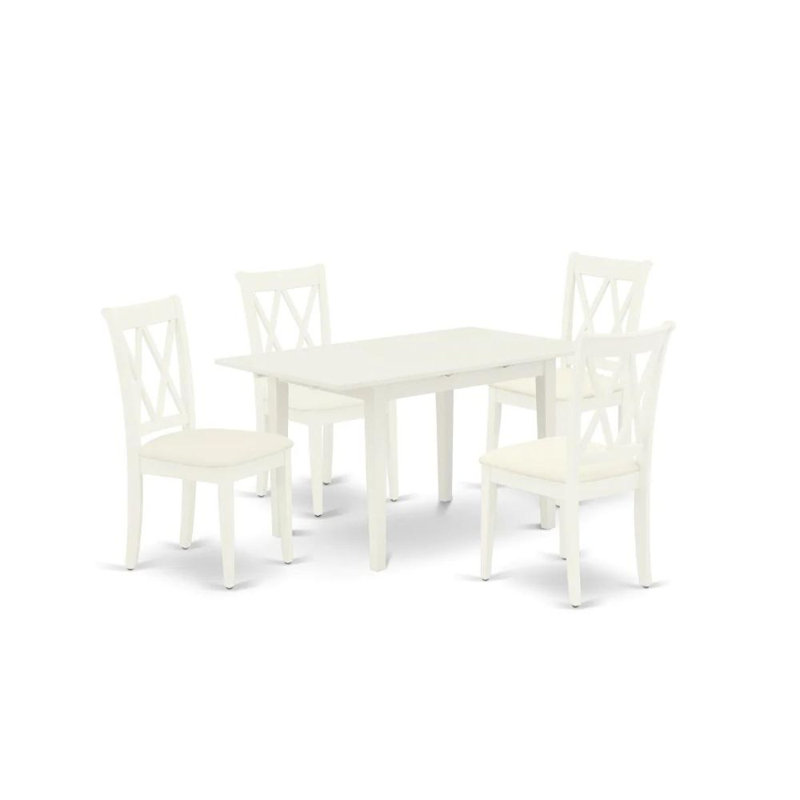 Ensemble de salle à manger 5 pièces comprenant une table de salle à manger rectangulaire avec rallonge papillon et 4 chaises de cuisine en lin, blanc lin