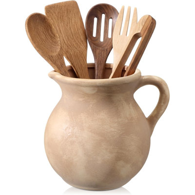 Classic antique beige kitchen utensil holder pottery jar with countertop handle, capable of holding shovels, spoons, pliers, storage, vintage rural farmhouse kitchen decoration