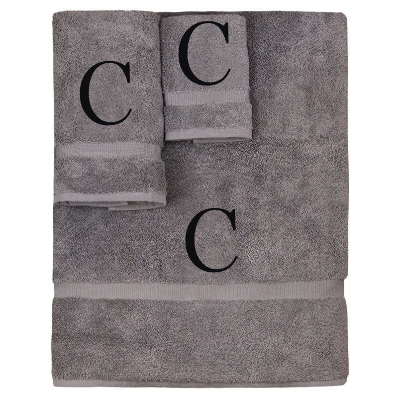 Ensemble de serviettes monogrammées - ensemble de 3 - lettre-bloc, C, Gris/noir