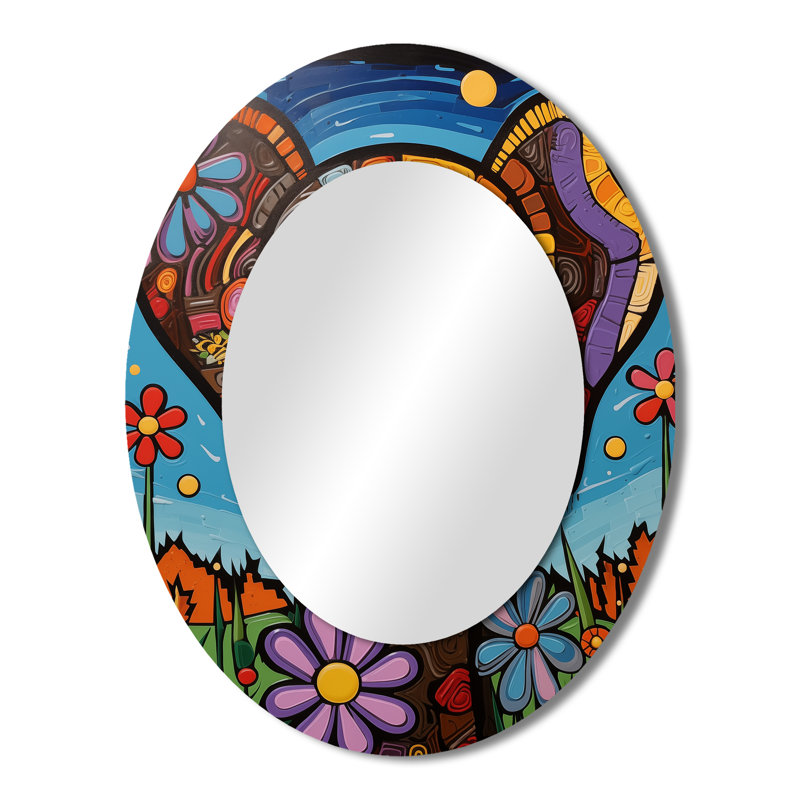 Geometric Multicolor Flower Dog Portrait - Animals Oval Decorative Mirror On Metal, 43" x 33"