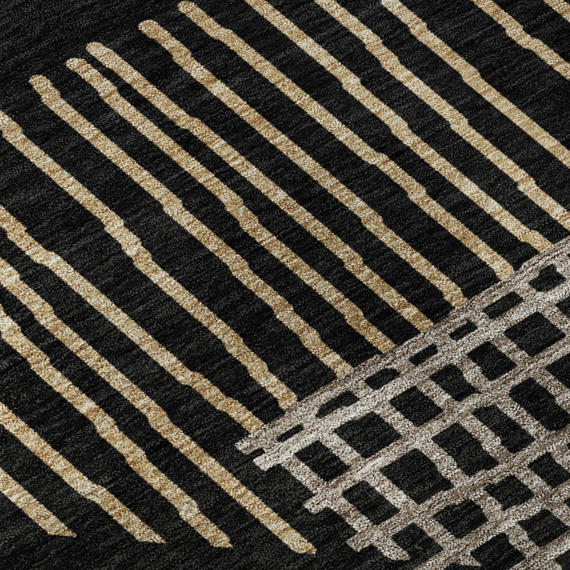 Premium Machine Washable Mayfield AMF2270 Striped Rug, 1'8" x 2'6", Black