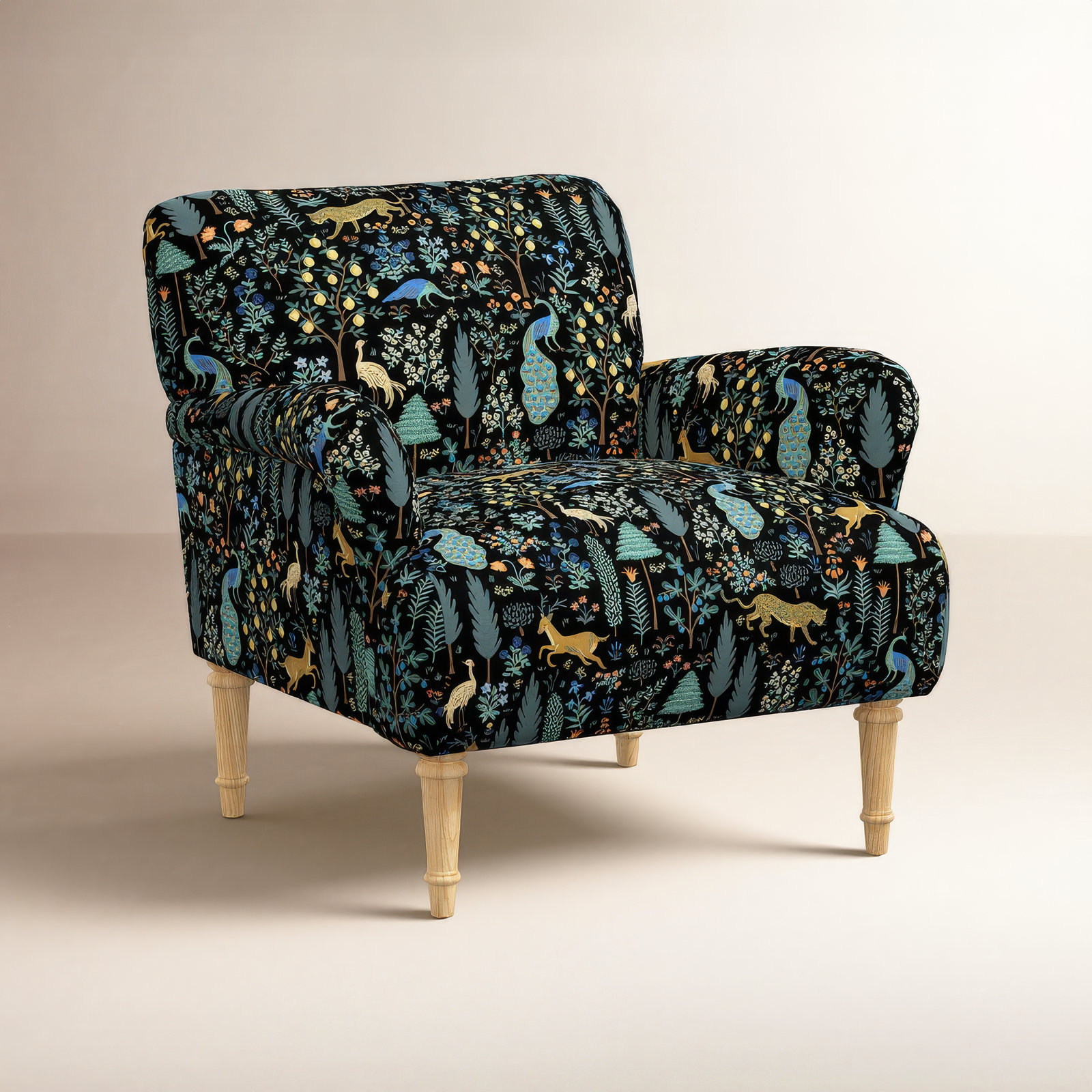 Rifle Paper Co. x Cloth & Company Bristol Armchair, Black Menagerie Linen Blend, Natural