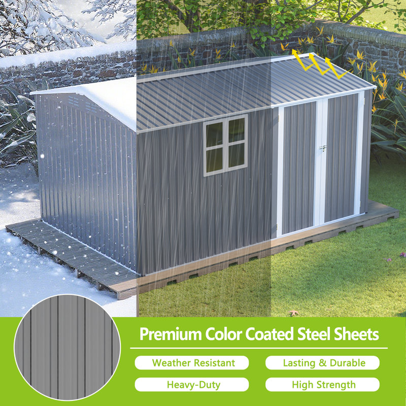 8X12 Ft Storage Shed Outdoor, XL Heavy-Duty Steel Building With Window – Features Hinged Gray Doors & 4 Air Vents For Backyard, Garden, Patio (Gray)