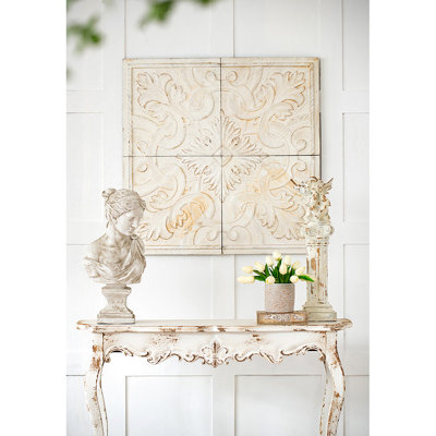 Panneaux 100% bois de sapin naturel, 17,5 x 17,5 po, délavé blanc délavé, détail complexe pour un médaillon de décoration d'intérieur polyvalent