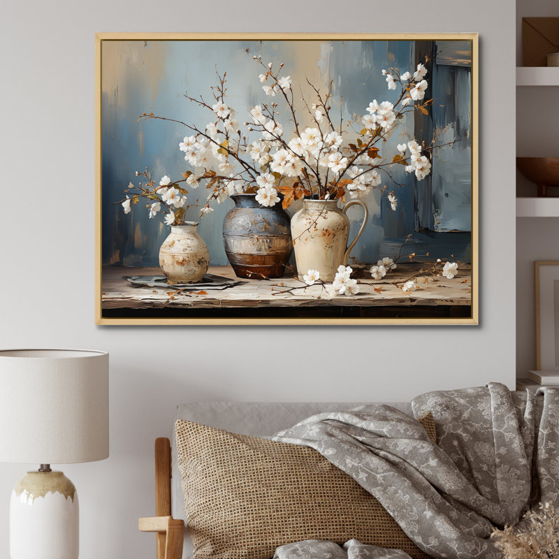 Art mural de poterie et de fleurs nature morte I, H 34 po x l 44 po, Reproduction avec cadre flottant, Naturel