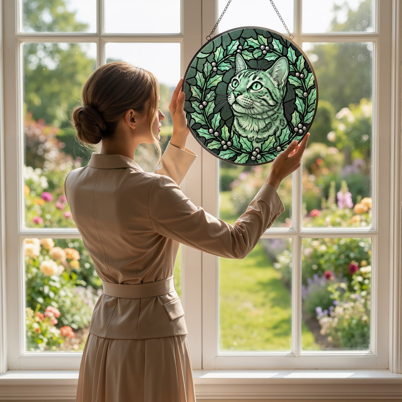 7.8"H Cat Holly Stained Glass Window Panel, 7.8" H x 7.8" W