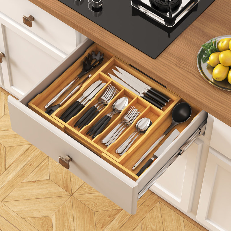 Rangement de tiroir Silverware, plateau à ustensiles extensible pour la cuisine, porte-couverts et couverts en bambou, rangement réglable en bois pour cuillères, couteaux, grand, naturel