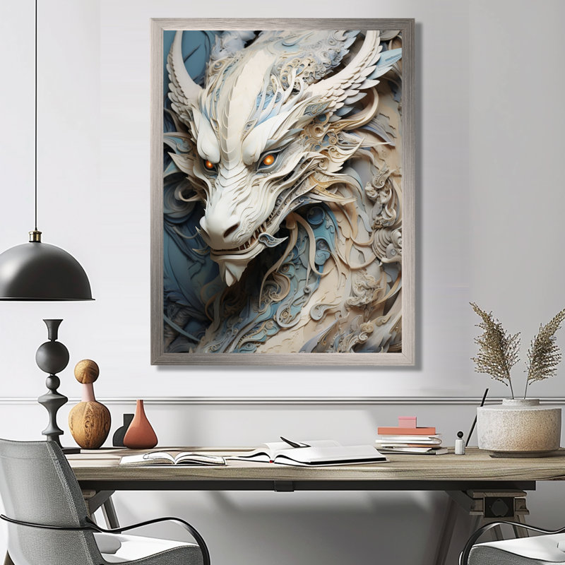 «Epic Blue and Grey Dragon Odyssey I», reproduction encadrée, Cadre simple blanc, H 32 po x l 16 po x P 1 po