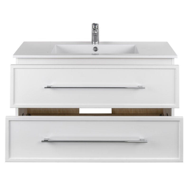 Meuble-lavabo mural simple 36 po avec plateau en marbre Milano, Blanc