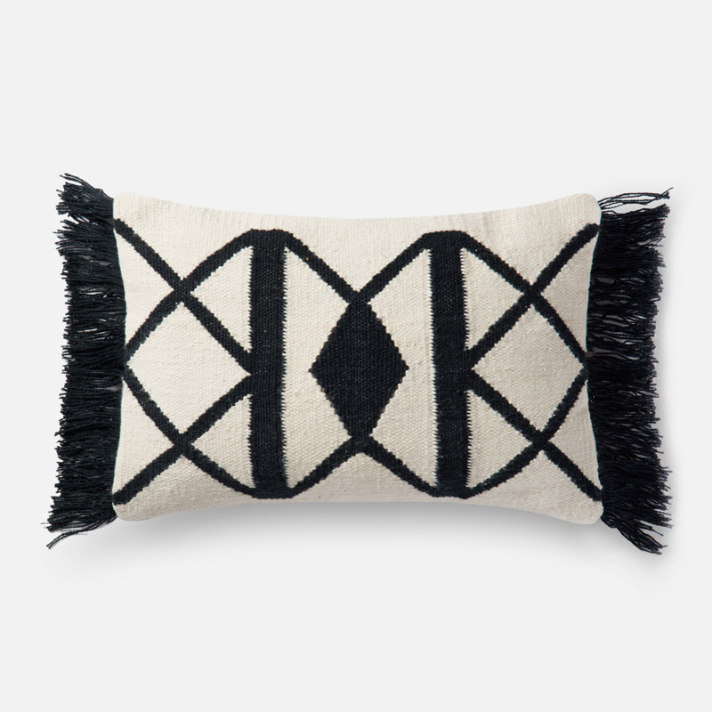 Black and Ivory Fringed Rectangular Throw Pillow Set