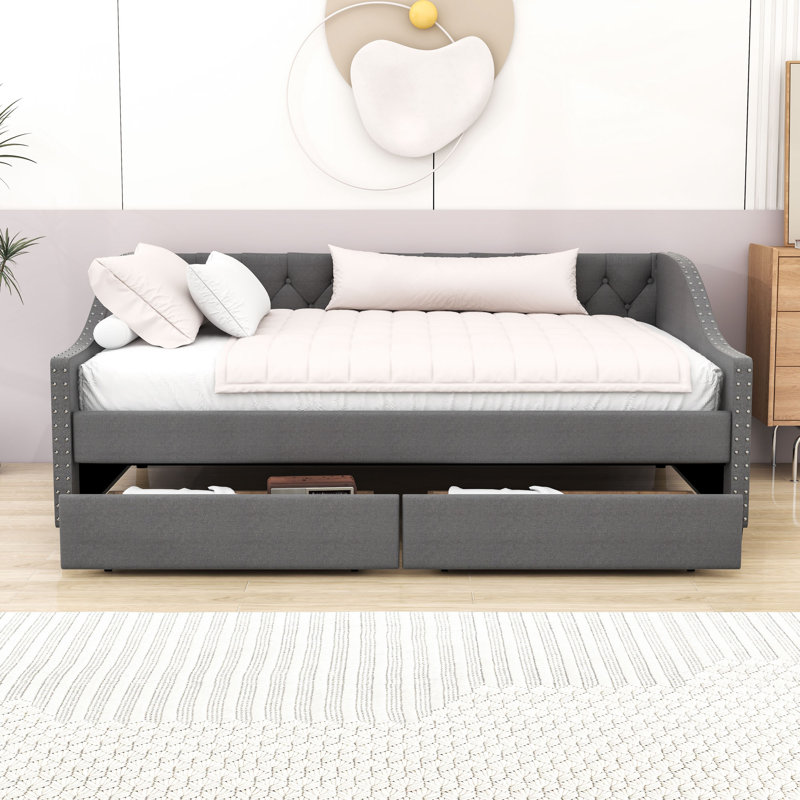 Full Size Upholstered Daybed with Tufted Backrest and Storage Drawers, Gray