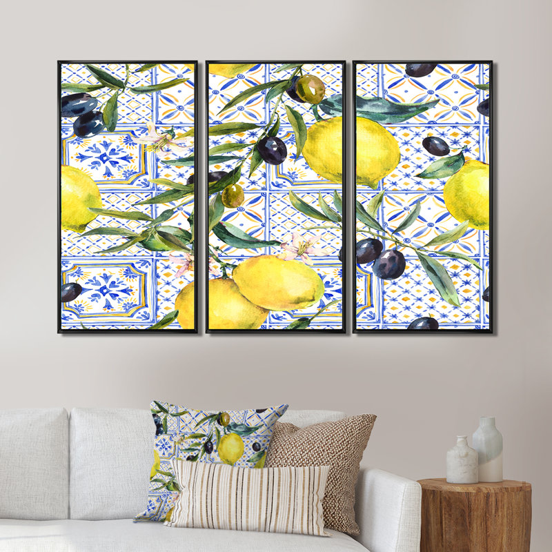 Ornement en forme de citron sur un motif géométrique bleu III - impression sur toile flottante 3 pièces, Cadre noir