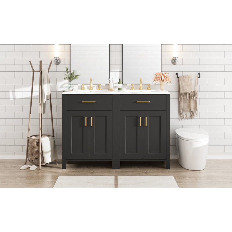 Meuble-lavabo moderne de 48 po avec deux lavabos en céramique, conception à fermeture en douceur, tablette réglable en forme de U et poignées dorées esthétiques