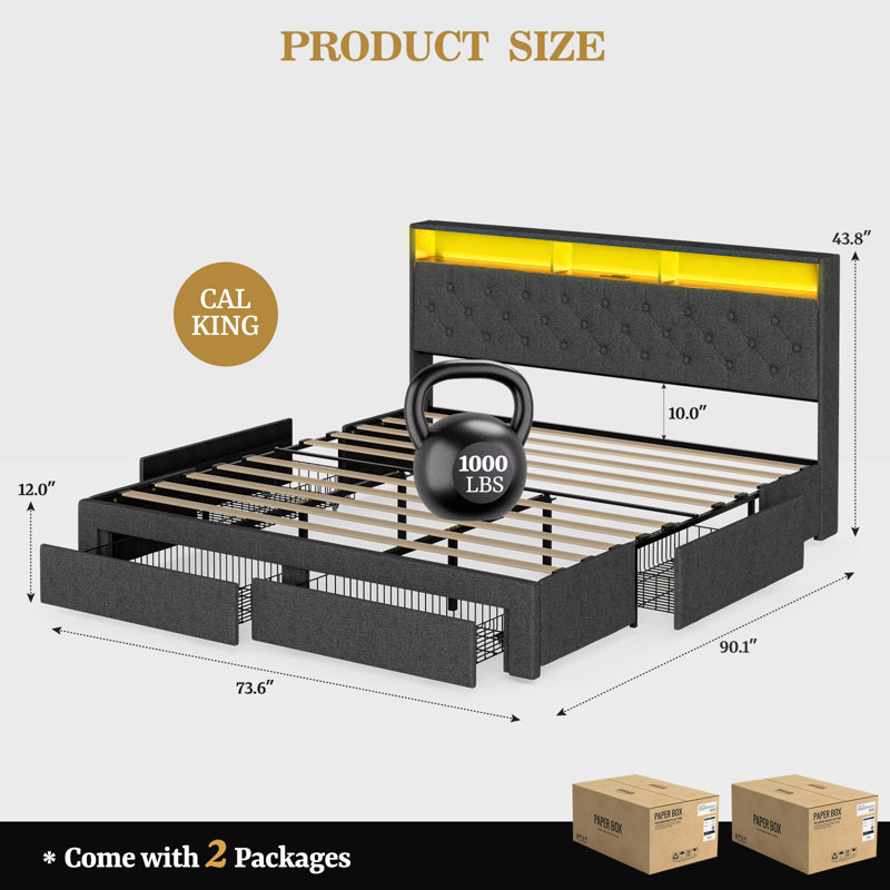  Bed Frame With Hidden Storage Headboard & Drawers, Upholstered Full Platform Bed With Led Lights, Type-C Charging Station, No Box Spring Needed, Solid Wood Slats