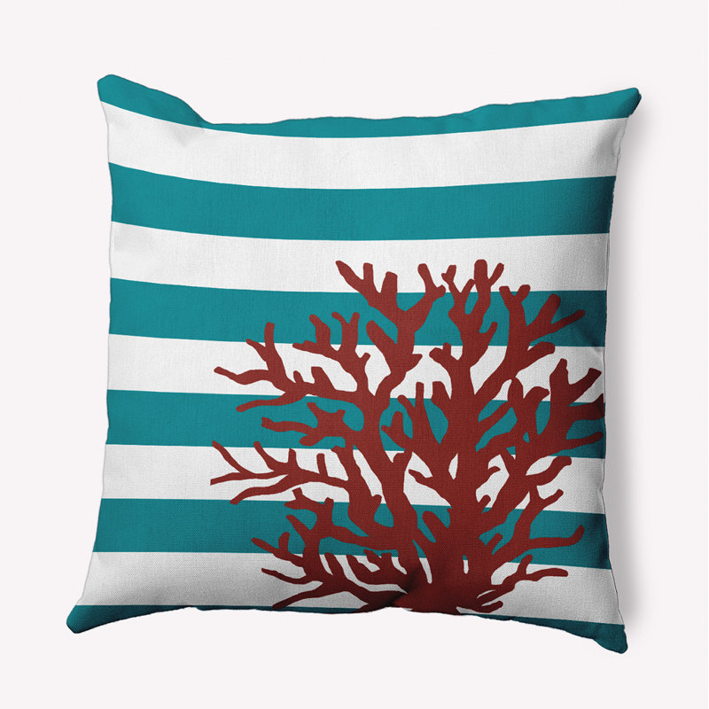 Coussin intérieur / extérieur Leafy Branch, H 16 po x l 16 po, Denim / blanc / rayures rouges