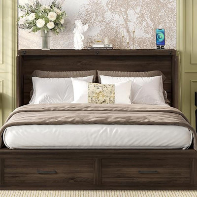 Queen Size Farmhouse Murphy Cabinet Bed With Charging Station, Foldable Platform Bed With Large Storage Drawer For Guest-Room, Small Bedroom, Rustic Grey(Old SKU: N733S237837G)