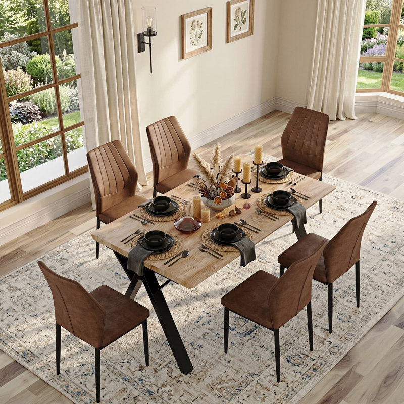 Ensemble de table de salle à manger 63 po Mid-Century, plateau en bois épais avec chaises rembourrées, sièges 4 à 6, Brun